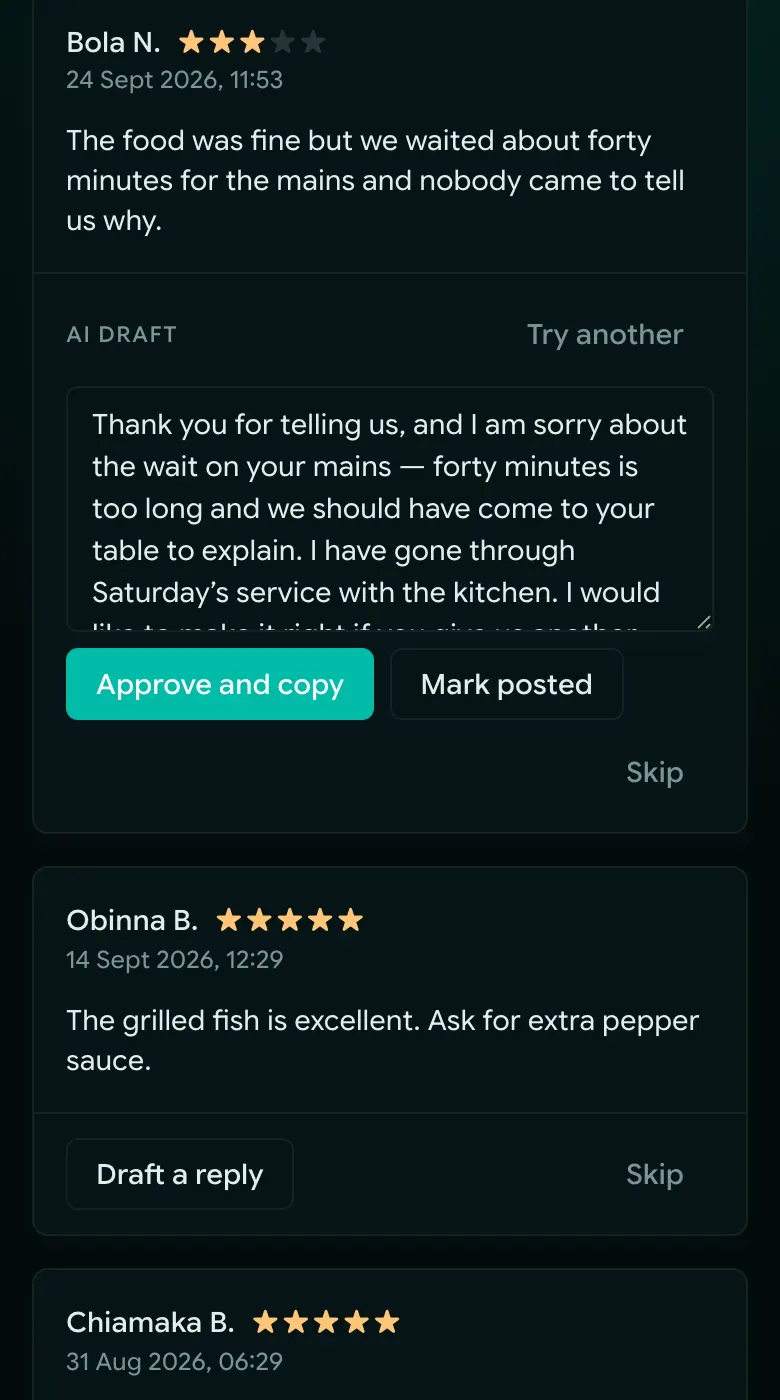 The review inbox with an AI draft open